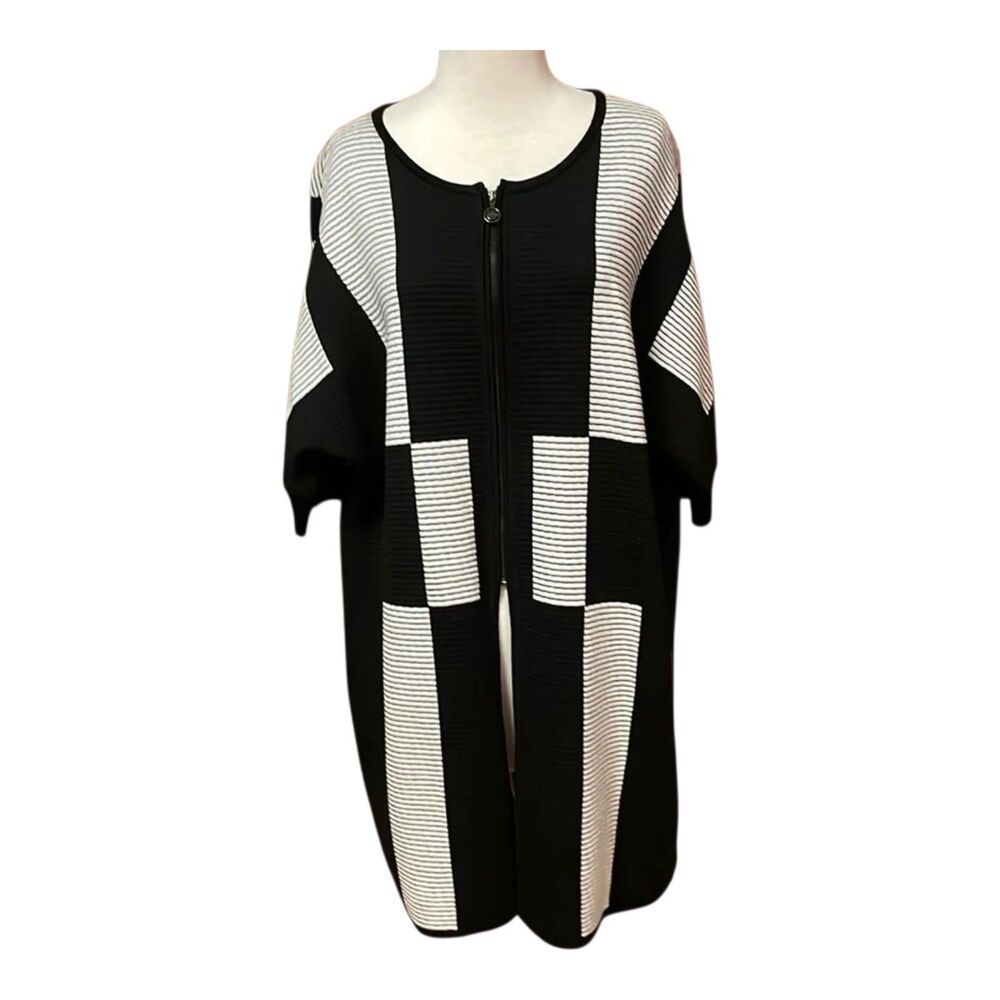St John Sweater Jacket Geometric Knit Duster Cardigan Medium Zip Wool Blend